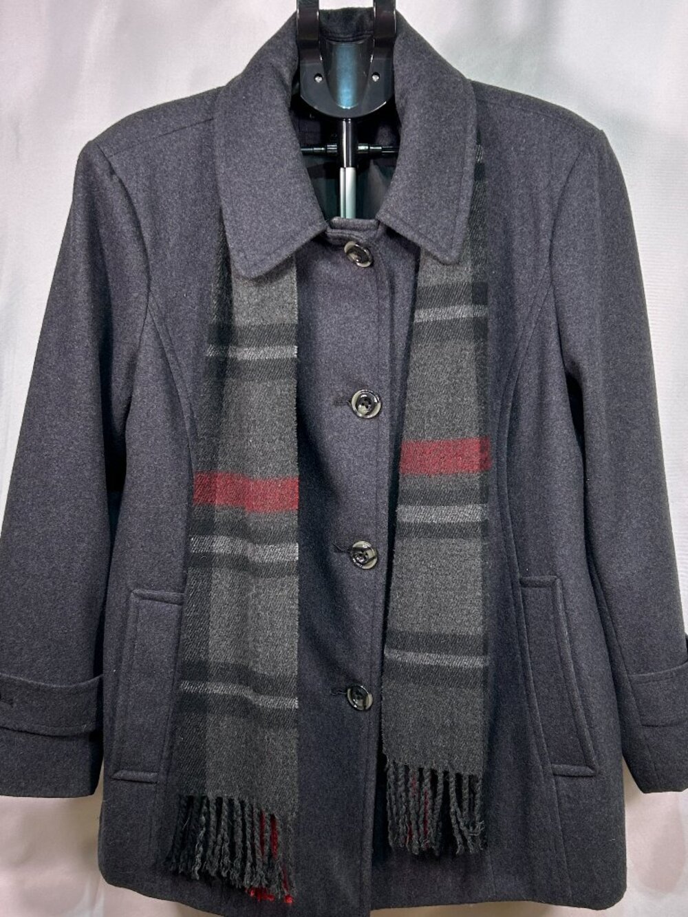 London Fog Women’s XXL Wool Blend Coat Gray Plaid Scarf Winter Jacket